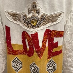 White, Yellow, Red Kantha Eyelet Hoodie Zip Kimono hoodie w/ hearts & jewels